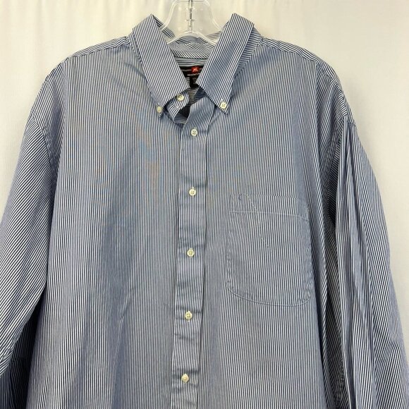 Members Mark Mens Button Down Shirt Blue White Striped Long Sleeve Pocket 17.5 - Picture 2 of 11